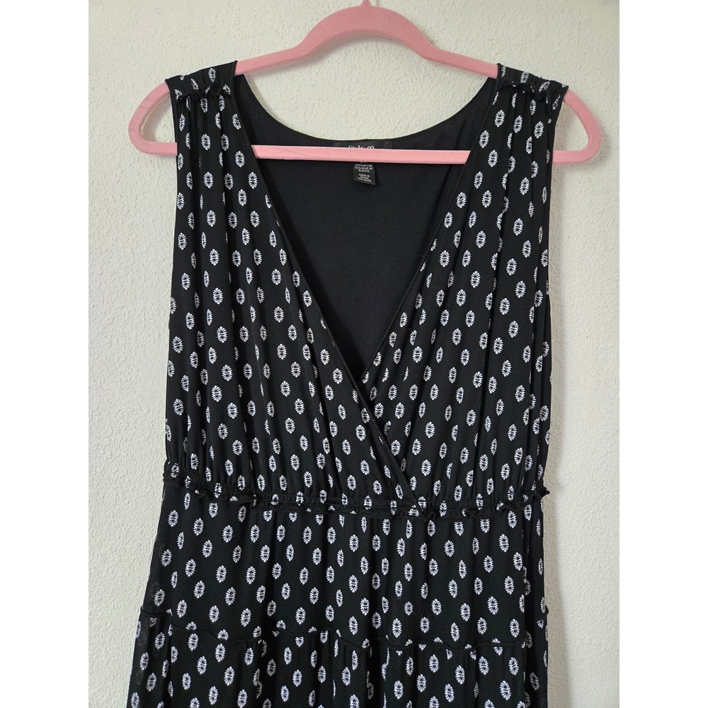 Style & Co Womens 2X Black White Floral Tiered Midi Dress V-Neck - Picture 2 of 8